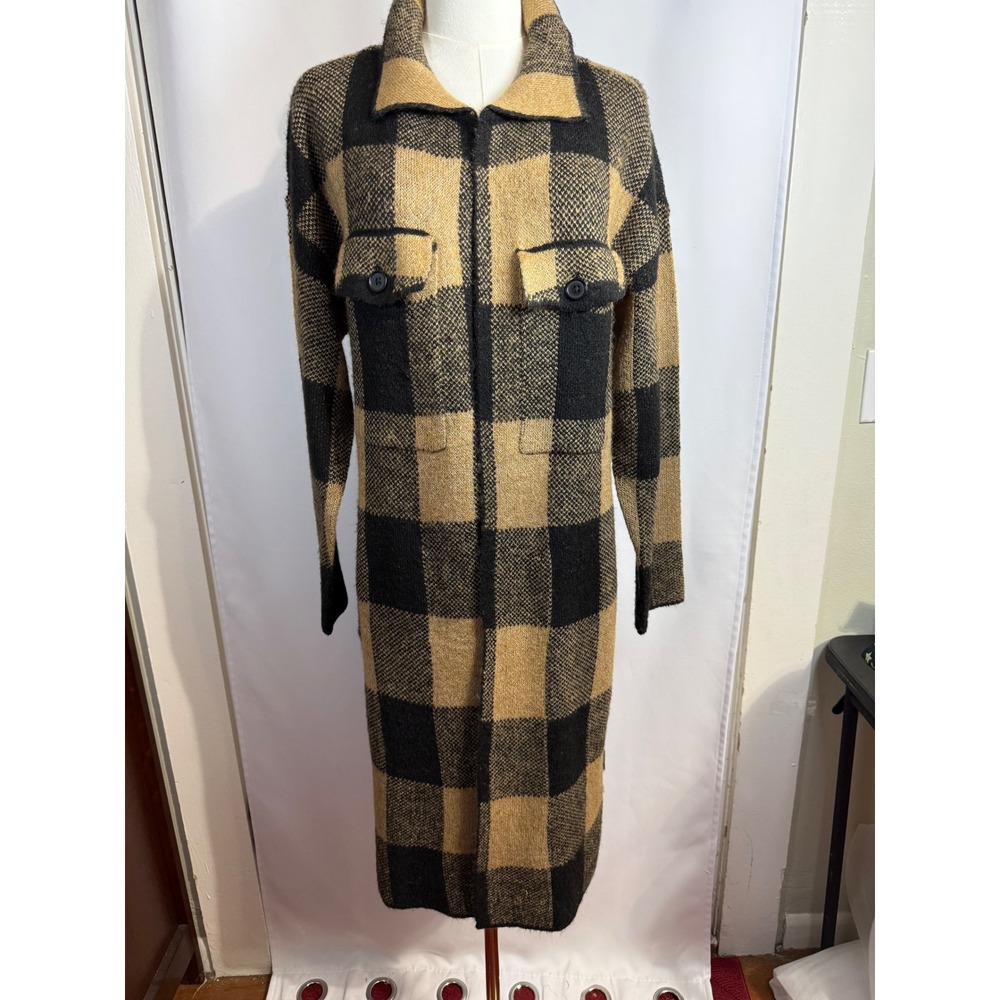 Love by Design Tan Black Buffalo Plaid Longline Cardigan Sweater Duster M
